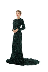 Green Long Sleeves Scoop Trumpet Mermaid Sparkle Sequin Prom Dress
