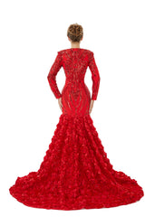 Red Long Sleeves 3D Rose Flowers Trumpet Mermaid Formal Prom Dress