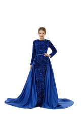 Blue Long Sleeves Scoop Trumpet Mermaid Sparkle Sequin Prom Dress
