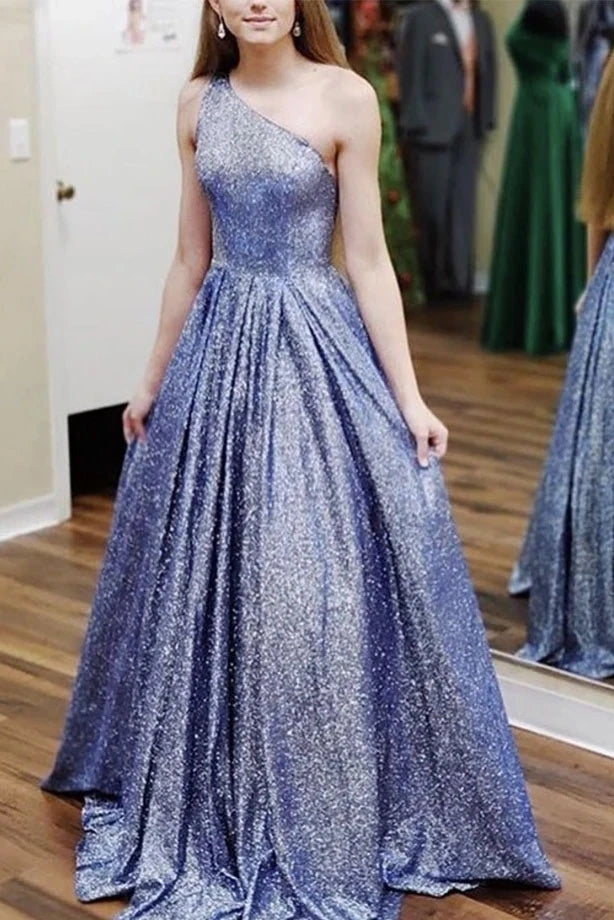 Sequin A Line Purple One Shoulder Bling Bling Prom Dress