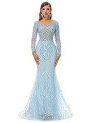 Mint V Neck Trumpet Mermaid Beading Bling Bling Prom Formal Dress