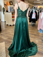 V Neck Hunter Green Lace Long Prom Dress with High Slit