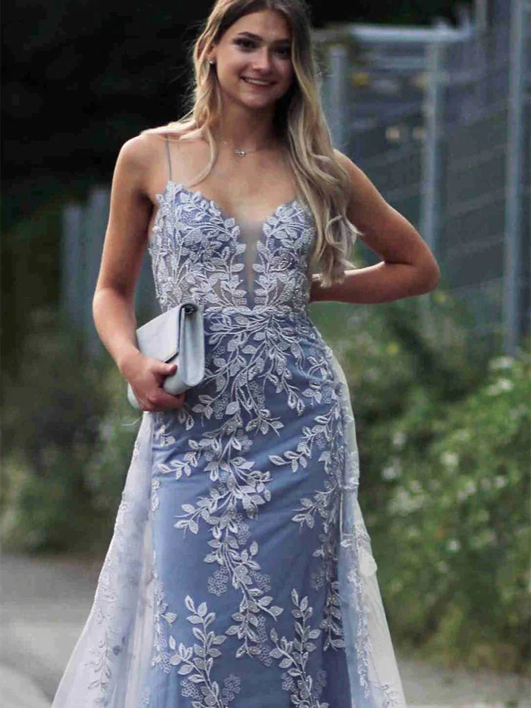 Blue Appliques Trumpet Mermaid Detachable Train Prom Dress