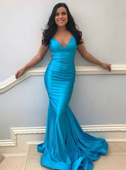 Backless Pleats Blue Mermaid V-neck Elastic Satin Prom Dress