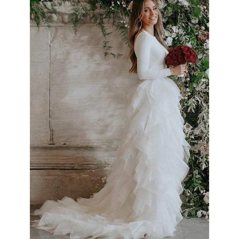 Princess Tulle Ruffles Scoop Long Sleeves Backless Wedding Dress