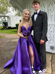 V Neck Purple Satin Slit Prom Dress with Belt