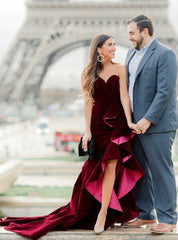 Velvet High Low Sweetheart Long Burgundy Mermaid Prom Dress