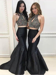 Black Two Piece Mermaid Halter Neck Sleeveless Sweep Train Prom Dress