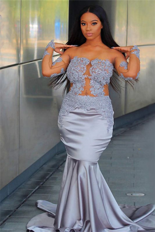 Long Sleeves Gray Off The Shoulder Satin Mermaid Prom Dress