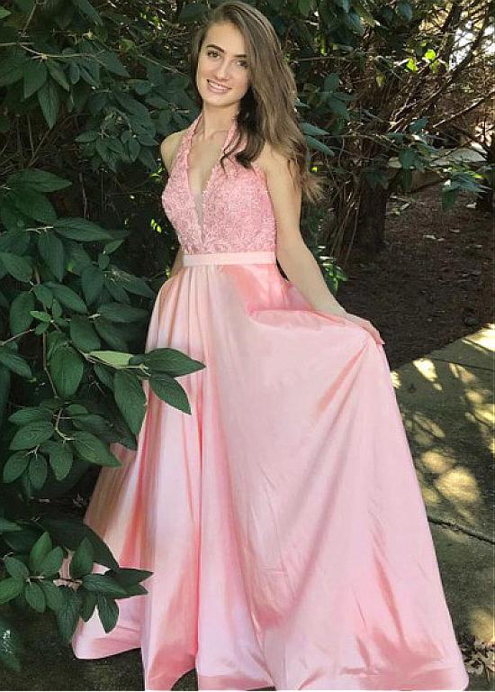Satin Halter Lace Appliques Floor-length A-line Prom Dress