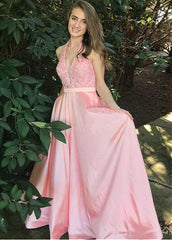 Satin Halter Lace Appliques Floor-length A-line Prom Dress