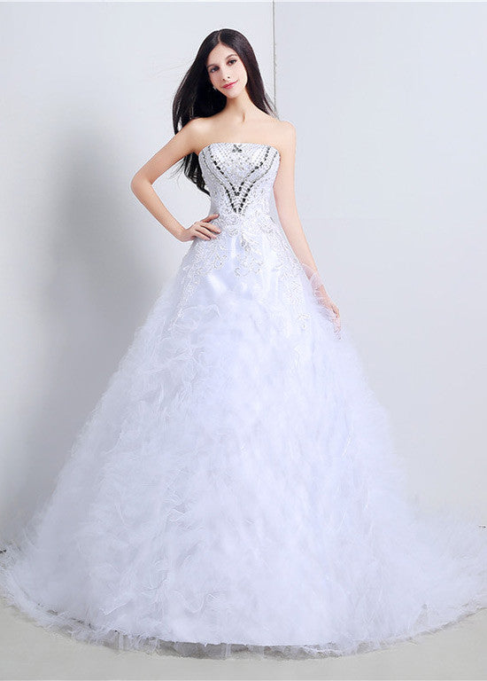 Sparkling Tulle Strapless A-line Wedding Dresses With Lace Appliques