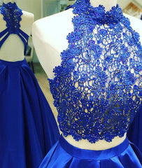 blue two pieces lace long prom dress, blue lace evening dress - RongMoon