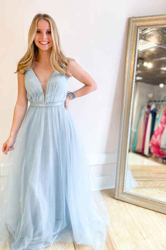 Sky Blue Deep V Neck Sexy Tulle Backless Prom Dress