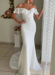 Mermaid Chiffon See Through Neck White Wedding Dress With Sash
