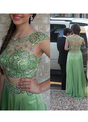 Illusion Scoop Two Pieces Prom Dress With Beadings