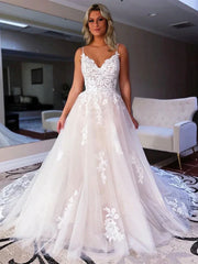 Champagne V Neck Appliques Tulle Wedding Dress