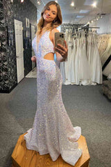 Sexy Mermaid Sequin White Cut Out Prom Dress