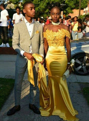 Appliques Gold Mermaid Sexy Off the Shoulder Satin Prom Dress