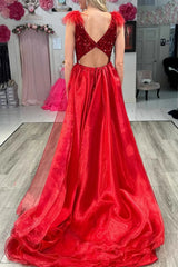 V-Neck Burgundy Sequin Mermaid Prom Dress With Feathers