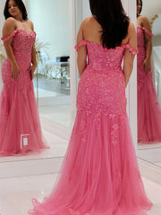 Off The Shoulder Mermaid Pink Lace Appliques Prom Dress