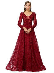 Burgundy Long Sleeves Tulle Beading Detachable Train Formal Prom Dress