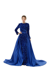 Blue Long Sleeves Scoop Trumpet Mermaid Sparkle Sequin Prom Dress