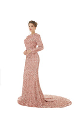 Rose Pink Long Sleeves Scoop Trumpet Mermaid Sparkle Sequin Prom Dress