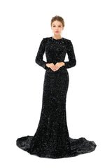 Black Long Sleeves Scoop Trumpet Mermaid Sparkle Sequin Prom Dress