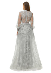 Gray Long Sleeves High Neck A Line Detachable Train Prom Formal Dress