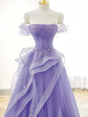Off Shoulder Tulle Ruffles Purple Appliques Prom Dress