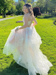 Appliques  High Low Champagne Ruffles Long Prom Dress
