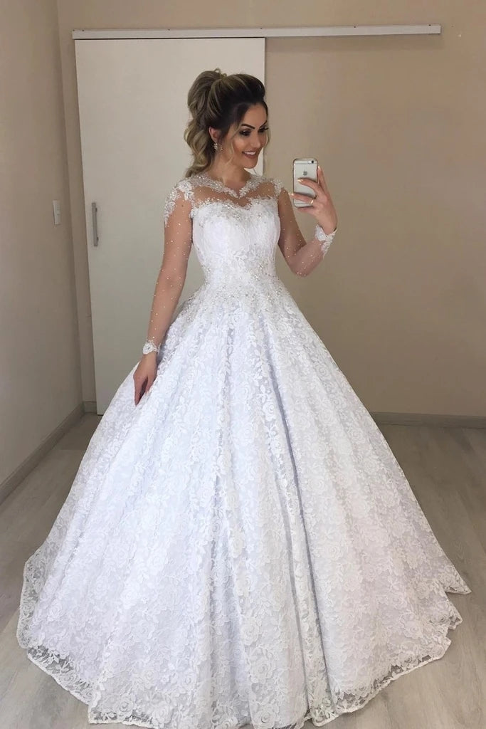 Tulle A Line Jewel Sheer Neck Floral Long Sleeves Wedding Dress