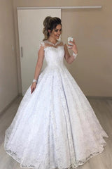Tulle A Line Jewel Sheer Neck Floral Long Sleeves Wedding Dress