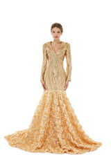 Champagne Sequin V Neck Long Sleeve Trumpet Mermaid Prom Formal Dress