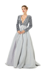 Silver Long Sleeves Sequin & Satin A Line Sexy Prom Formal Dress