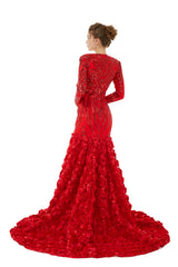Red Long Sleeves 3D Rose Flowers Trumpet Mermaid Formal Prom Dress
