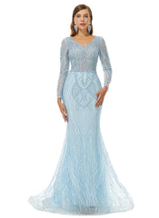 Mint V Neck Trumpet Mermaid Beading Bling Bling Prom Formal Dress