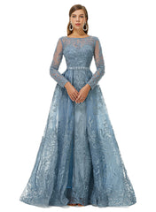 Luxury Blue Beading Long Sleeve Sheer Detachable Train Prom Dress