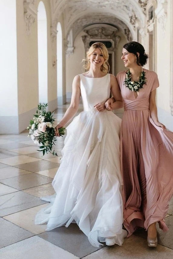 A Line Tulle Ruffles Round Neck Satin Top Wedding Dress