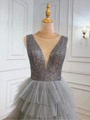 Ruffles Tulle V Neck Gray Sequin Long Prom Dress