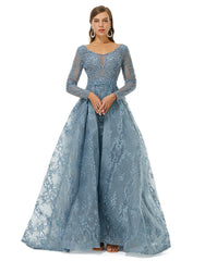 Blue Long Sleeves Scoop Lace A Line Detachable Train Prom Formal Dress