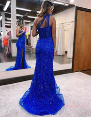 Mermaid Blue Tulle One Shoulder Prom Dress With Split