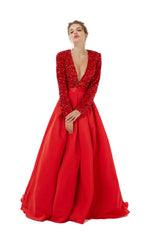 Red Long Sleeves Sequin & Satin A Line Sexy Prom Formal Dress