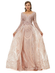 Champagne Long Sleeves Tulle Beading Detachable Train Formal Prom Dress