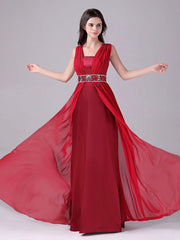 Red Long Boat Neck Satin & Chiffon A Line Beading Prom Dress