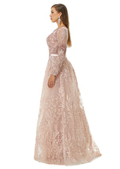 Luxury Champagne Beading Long Sleeve Sheer Detachable Train Prom Dress