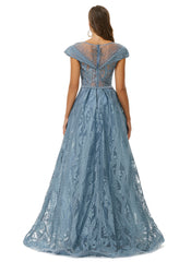 Blue Cap Sleeves Scoop Lace A Line Detachable Train Prom Formal Dress