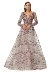 Long  Sleeves V Neck Lace A Line Detachable Train Prom Formal Dress