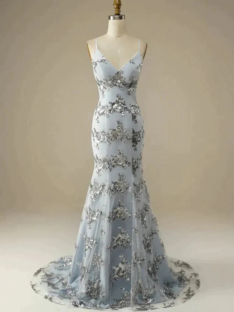 V Neck Mermaid Silver Gray Appliques Prom Dress